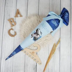 Schultüte Stoff T-Rex Dinosaurier Blau 70cm 85cm   *personalisierbar und mit Kisseninlet