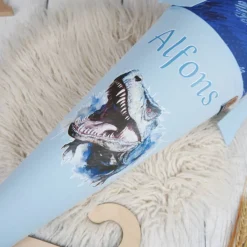 Schultüte Stoff T-Rex Dinosaurier Blau 70cm 85cm   *personalisierbar und mit Kisseninlet