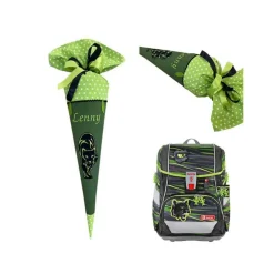 Schultüte Wild Cat grün, Zuckertüte aus Stoff zur Einschulung, mit Namen bestickt