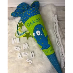Schultüte, Zuckertüte, Schulstart, Monster, Stoff, Fell, genäht, mit Namen, personalisierbar, Einschulung, Kinder