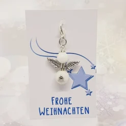 Schutzengel Glasperlen silber Tanne – Weihnachtsengel mit Karabiner & Schmuckkarte