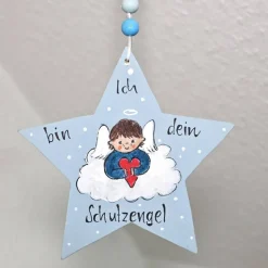 Schutzengel Stern für Jungs – Handbemalter Holzstern mit Name, Glücksbringer & Geschenk