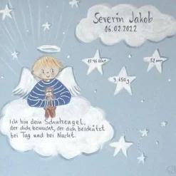 Schutzengel Taufgeschenk Junge – Handgemaltes Schutzengelbild zur Taufe & Geburt – Einzigartiges Geschenk mit Teddy