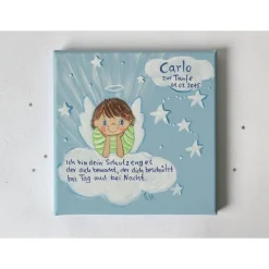 Schutzengelbild handgemalt – Taufgeschenk für Jungen – Engelbild zur Geburt & Taufe – Malerei personalisiert 20x20