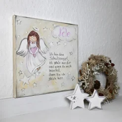 Schutzengelbild handgemalt auf Keilrahmen – Geschenk zur Taufe, Kommunion & fürs Patenkind – Mädchenzimmer Deko 20x20