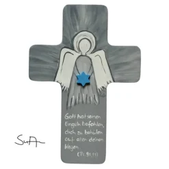 Schutzengelkreuz grau blau Taufkreuz, Kinderkreuz Geschenk zur Taufe / Geburt
