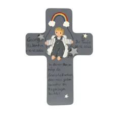 Schutzengelkreuz Junge mit Regenbogen Taufkreuz, Kinderkreuz Geschenk zur Taufe / Geburt