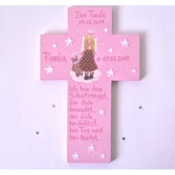 Schutzengelkreuz Mädchen – Handbemaltes Taufkreuz aus Holz als Taufgeschenk & Geburt