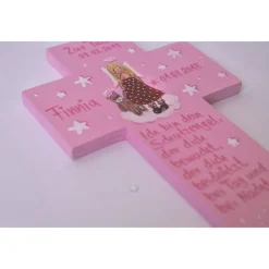 Schutzengelkreuz Mädchen – Handbemaltes Taufkreuz aus Holz als Taufgeschenk & Geburt