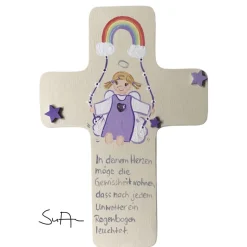 Schutzengelkreuz Mädchen  mit Regenbogen Taufkreuz, Kinderkreuz Geschenk zur Taufe / Geburt