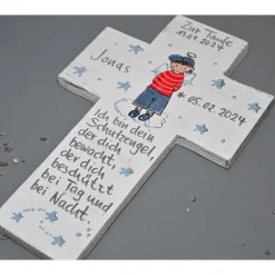 Schutzengelkreuz Taufgeschenk Junge – Personalisiertes Holzkreuz 22 x 14 cm handbemalt