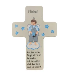 Schutzengelkreuz taupe-grau – Personalisiertes Taufkreuz aus Holz zur Taufe & Geburt