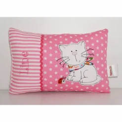 Süße Katze mit Marienkäfer & Namen  - Personalisierte Kissen, Geschenk zur Geburt, Kissen mit Namen, Namenskissen