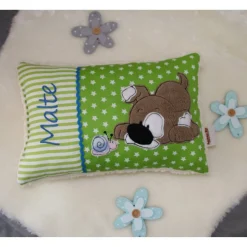 Süßer Hund mit Schnecke - Name & Geburtsdatum, Personalisierte Kissen, Namenskissen, Geschenk zur Geburt