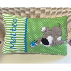 Süßer Hund mit Schnecke - Name & Geburtsdatum, Personalisierte Kissen, Namenskissen, Geschenk zur Geburt