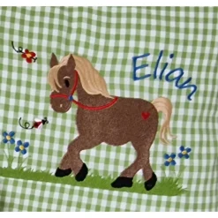 Süßes Pferdchen Braun auf der Blumenwiese und Namen - Personalisierte Kissen, Namenskissen, Geschenk zur Geburt