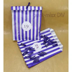 SET Adventskalender 24 Tüten lila weiß mit Zahlen-Sticker 1-24, Mini Klammern lila