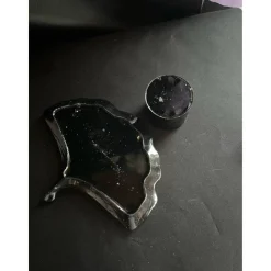 Set aus Blatt und Teelichthalter schwarz Glitzer