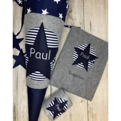 Set für Schulanfänger, 3-teilig, Schultüte, Zeugnismappe, Spardose, Stern mit Kreis, Filz, gestickt, Kinder