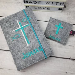 Set Gotteslobhülle/Gotteslobeinband Doppel Kreuz mit Fische und Rosenkranztasche, Kommunion