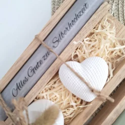 Silberhochzeit Silberhochzeitsgeschenk Dekoherz Kerzenhalter rund Kerze Kerzenset Stabkerze Kerze mit Kerzenbox Holzbox