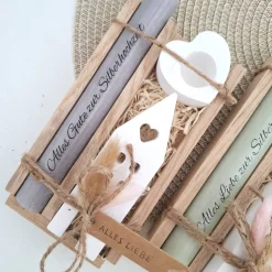 Silberhochzeit Silberhochzeitsgeschenk Haus / Lichthaus Kerzenhalter Herz Stabkerze Kerzenbox Holzbox Mitbringsel