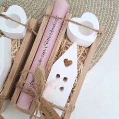 Silberhochzeit Silberhochzeitsgeschenk Haus / Lichthaus Kerzenhalter Herz Stabkerze Kerzenbox Holzbox Mitbringsel
