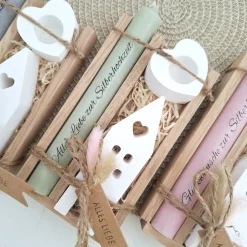 Silberhochzeit Silberhochzeitsgeschenk Haus / Lichthaus Kerzenhalter Herz Stabkerze Kerzenbox Holzbox Mitbringsel