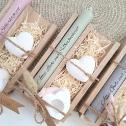 Silberhochzeit Silberhochzeitsgeschenk Dekoherz Kerzenhalter Herz Stabkerze Kerzenbox Holzbox Mitbringsel