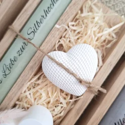 Silberhochzeit Silberhochzeitsgeschenk Dekoherz Kerzenhalter Herz Stabkerze Kerzenbox Holzbox Mitbringsel