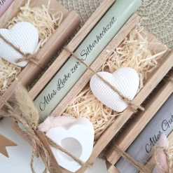 Silberhochzeit Silberhochzeitsgeschenk Dekoherz Kerzenhalter Herz Stabkerze Kerzenbox Holzbox Mitbringsel