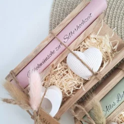 Silberhochzeit Silberhochzeitsgeschenk Dekoherz Kerzenhalter Herz Stabkerze Kerzenbox Holzbox Mitbringsel