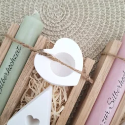 Silberhochzeit Silberhochzeitsgeschenk Haus / Lichthaus Kerzenhalter Herz Stabkerze Kerzenbox Holzbox Mitbringsel