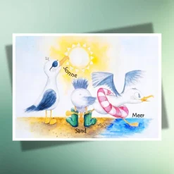 Sommerliche Postkarte mit Möwen – Sonne, Sand & Meer für Urlaubsfeeling