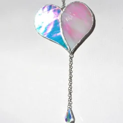 Sonnenfänger - Herz aus irisierendem Buntglas mit Glaskristall - Türkis/Rosa