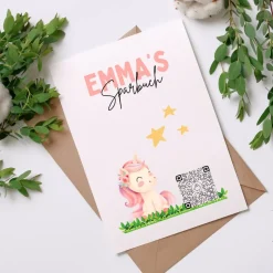Sparbuch mit QR-Code – personalisierte Geschenkidee zur Taufe, Geburt oder Einschulung | Handmade | Einhorn