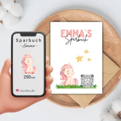 Sparbuch mit QR-Code – personalisierte Geschenkidee zur Taufe, Geburt oder Einschulung | Handmade | Einhorn