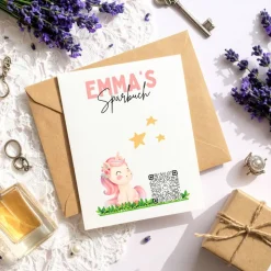 Sparbuch mit QR-Code – personalisierte Geschenkidee zur Taufe, Geburt oder Einschulung | Handmade | Einhorn