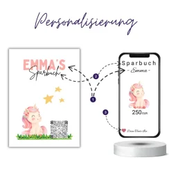 Sparbuch mit QR-Code – personalisierte Geschenkidee zur Taufe, Geburt oder Einschulung | Handmade | Einhorn