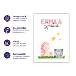 Sparbuch mit QR-Code – personalisierte Geschenkidee zur Taufe, Geburt oder Einschulung | Handmade | Einhorn