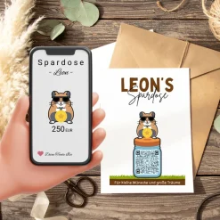 Sparbuch mit QR-Code – personalisierte Geschenkidee zur Taufe, Geburt oder Einschulung | Handmade | Hamster