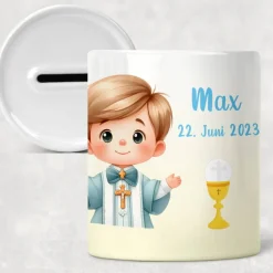 Spardose Geschenk zur Kommunion mit Name und Datum für Mädchen oder Junge