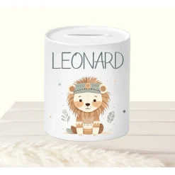 Spardose Kind Löwe, Sparschwein mit Namen, Kinderspardose Keramik personalisiert, Sparbüchse Geburtstag