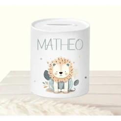 Spardose Kind Löwe, Sparschwein mit Namen, Kinderspardose Keramik personalisiert, Sparbüchse Geburtstag