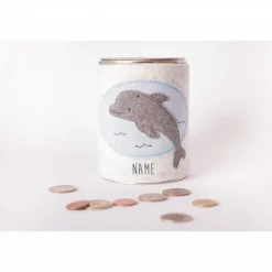 Spardose mit bestickter Filzhülle Delfin