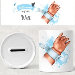 Spardose zur Geburt mit Name / Geburtsdatum auf Babyhand Armband
