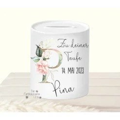 Sparschwein zur Taufe personalisiert Eukalyptus