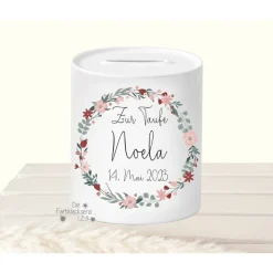 Sparschwein zur Taufe personalisiert Eukalyptus