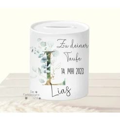 Sparschwein zur Taufe personalisiert Eukalyptus