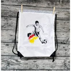 Sportbeutel bedruckt mit Fußballer, Zugbeutel, Rucksack mit Text